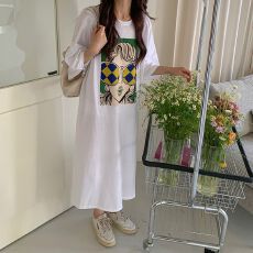 批发【实拍】夏装纯棉<b class='q'>连衣裙</b>宽松过膝<b class='q'>开叉</b>短袖T恤裙潮妈