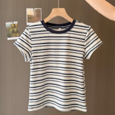 批发实拍短款短袖T恤女夏季修身韩版内搭可外穿<b class='q'>打底</b>衫撞色条纹<b class='q'>上衣</b>
