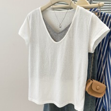 批发实拍雪花棉假两件撞色v领<b class='q'>短袖</b><b class='q'>T</b><b class='q'>恤</b>女韩版显瘦休闲上衣设计感小众