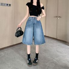 批发实拍实价~复古蓝牛仔五分裤<b class='q'>女</b>夏季设计感直筒宽松阔腿弯刀5分<b class='q'>短裤</b>