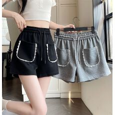 批发实价-实拍 纯棉华棉 <b class='q'>蕾丝</b>边口袋夏新款ins显瘦高腰阔腿<b class='q'>短裤</b>女