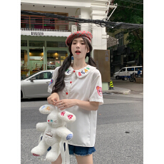 批发实拍复古童趣小熊绣花娃娃领<b class='q'>衬衫</b>女夏2023小众设计感白色短袖上衣