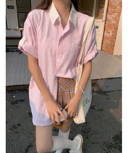 실사 레트로 패치워크 핑크색 스트라이프 반팔 여성 셔츠 학원 스타일 작은 키 루즈핏 여름 POLO 칼라 맨위
