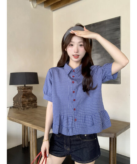 실사 파란색 체크무늬 거품 소매 여성 셔츠 2026 여름 Chic miu 부서 착용 가져 가라. 프릴 셔츠 맨위