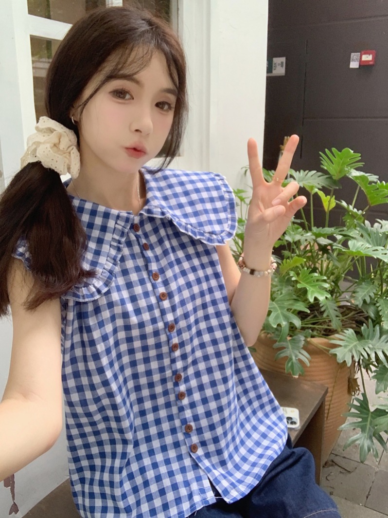 실사 체크무늬 프릴 칼라 민소매 여성 셔츠 2026 년 새로운 작은 대중 연령 감소 Chic 베이비 칼라 조끼 맨위