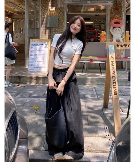 발레 바지 레이스 패치워크 얇은 스타일 캐주얼 바지 다용도 슬림해 보이는 디자인 센스 검정색 와이드 레그 팬츠 긴 바지