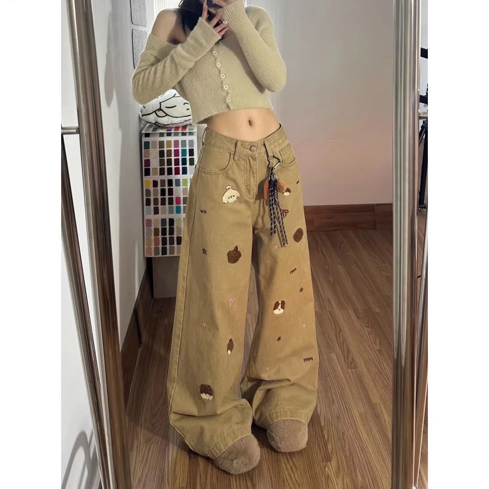카키 색 레트로 강아지 자수 청바지 남자 루즈핏 다용도 캐주얼 바지 아메리칸 높음 거리 vibe 와이드 레그 팬츠