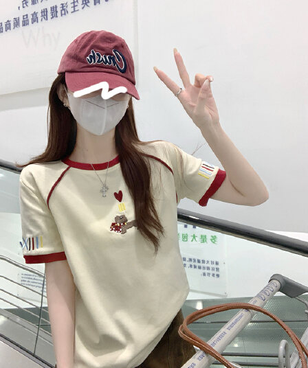 실사 220 그램 물 부드러운 면 양면 반팔 티셔츠 여름 한 부서 새로운 배색 자수 라운드 넥 맨위 여성 의류