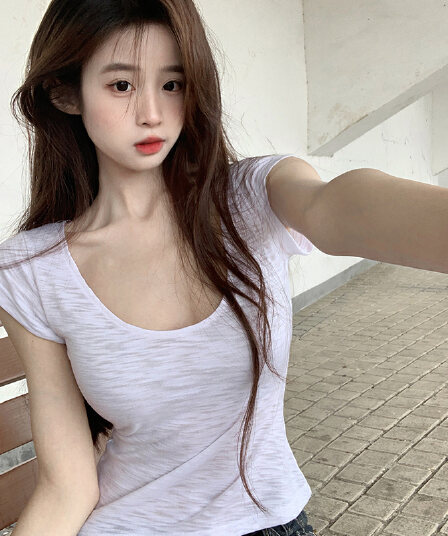 실사 170 그램 대나무 마디 면 반팔 티셔츠 여름 2026 한국 스타일 여성 의류 단색 몸매 가꾸기 긍정적 인 어깨 쇼트 스타일 라운드 넥 맨위