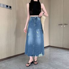 批发实拍实价~夏季<b class='q'>百搭</b>立体裁剪复古休闲做旧包臀牛仔裙破洞半身裙子