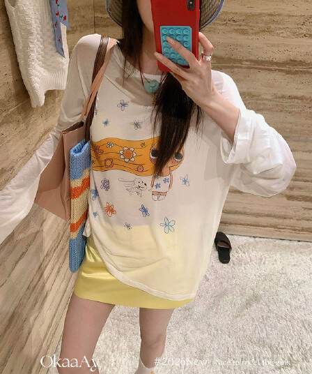 원본 라이 경기 서울 주간 실크 여름 재미있는 프린트 자외선 차단 티셔츠 여성 루즈핏 얇은 스타일 긴팔 맨위 블라우스