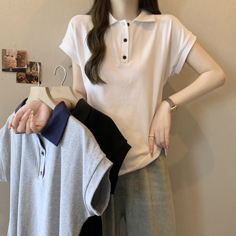 실사 순면 리브 배색 POLO 셔츠 폴로 칼라 반팔 티셔츠 여성 여름 몸매 가꾸기 슬림해 보이는 Feifei 소매 맨위 트렌디