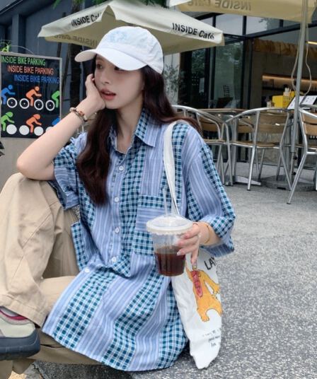 실사 레트로 높음 거리 스트라이프 체크무늬 반팔 여성 셔츠 여름 루즈핏 디자인 센스 작은 대중 캐주얼 다용도 맨위