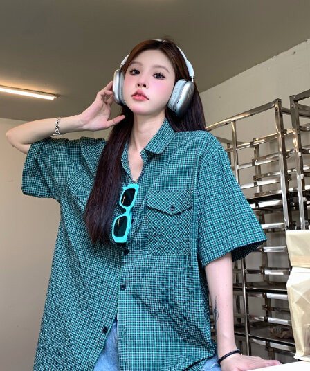 실사 레트로 막대기 가방 격자 무늬 셔츠 여름 얇은 스타일 여성 루즈핏 다용도 셔츠 반팔 소년 센스 오픈 가디건 맨위