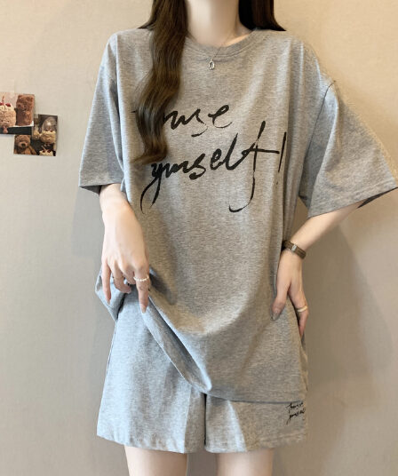 실사 순면 스포츠 슈트 여성 여름 루즈핏 빅 사이즈 반팔 반바지 학생 한국 스타일 패션 캐주얼 투피스 세트