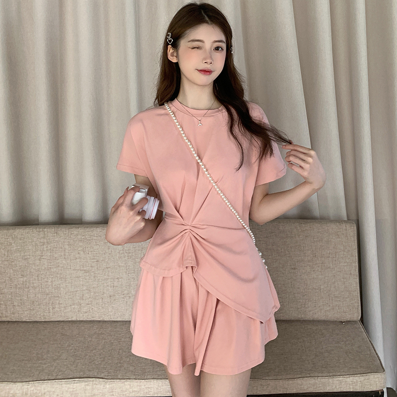 실사 260 그램 92 사람들 면 8 암모니아 Lun 여름 디자인 센스 캐주얼 세트 여성 짧은 바지 불규칙 반팔 맨위