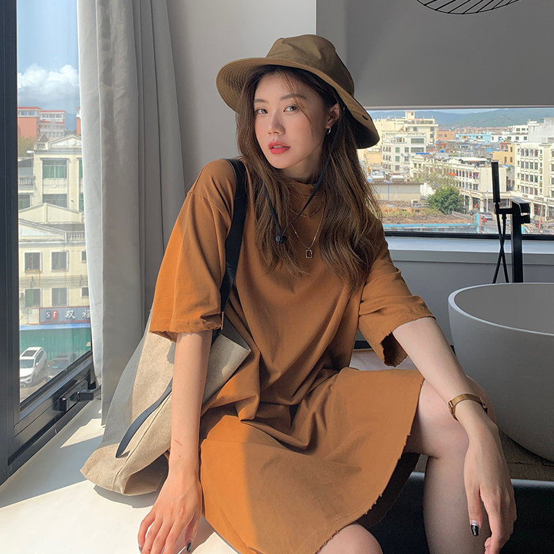 실사 200그램 순면 심지어 어깨 이후 패키지 칼라 여성 드레스 루즈핏 다용도 중간 길이 반팔 여성 트렌디