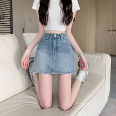 批发实拍实价~韩版高级感烫钻<b class='q'>牛仔</b>半身裙女夏季时尚复古显瘦包臀短裙