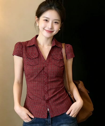 한 부서 레트로 체크무늬 반팔 여성 셔츠 여름 새로운 작은 대중 디자인 학원 스타일 폴로 칼라 허리 수축 슬림해 보이는 맨위