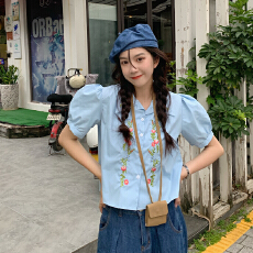 批发法式小众花朵刺绣衬衫2026夏季设计感小清新泡泡短袖衬衣女装上衣