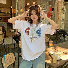 批发实拍32支双纱纯棉短袖<b class='q'>t</b><b class='q'>恤</b>潮夏2026宽松中长印花圆领新款上衣女装