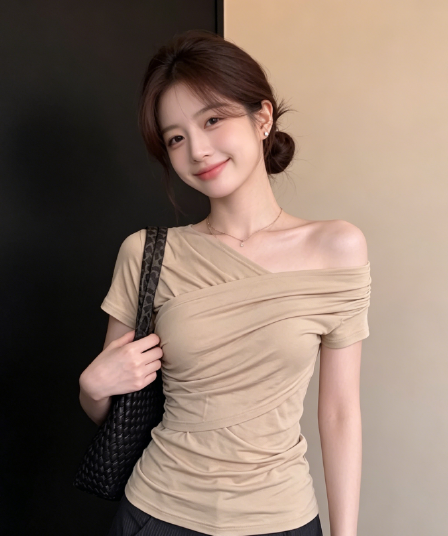 원본 품질 한 부서 비스듬한 어깨 반팔 티셔츠 여름 빅 사이즈 허리 수축 몸매 가꾸기 슬림해 보이는 오프숄더 작은 대중 맨위