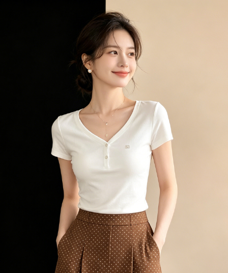 아메리칸 화이트 V넥 티셔츠 여성 여름 익스트림 제인 다용도 긍정적 인 어깨 반팔 몸매 가꾸기 슬림해 보이는 맨위