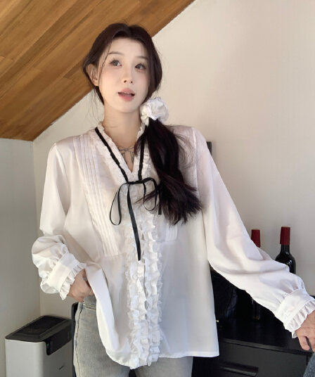 프랑스식 레트로 천 금빛 바람 V넥 레이스업 나비 매듭 셔츠 여성 의류 긴팔 인사이드 가져 가라. 외출용 화이트 달콤함 맨위