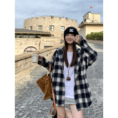 批发韩版设计感休闲连帽格子衬衫毛呢外套女秋<b class='q'>冬</b>季慵懒风宽松长袖衬衣
