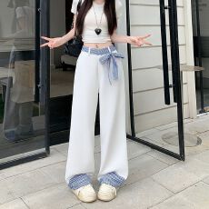 批发实拍实价~格纹拼接蝴蝶结绑带牛仔<b class='q'>裤</b>女新款高腰<b class='q'>宽松</b>显瘦阔腿<b class='q'>裤</b>子