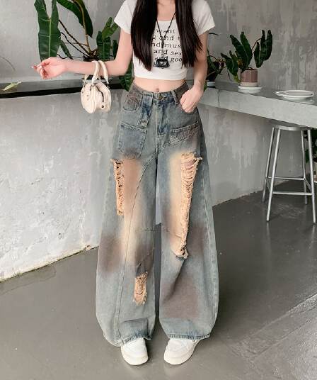 실사 정가 여름 새로운 찢어진 부분 청바지 여성 디자인 센스 불모지 바람 루즈핏 슬림해 보이는 와이드 레그 팬츠 바지