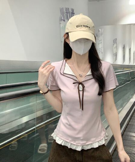 실사 반팔 티셔츠 여성 의류 여름 새로운 트렌디 몸매 가꾸기 슬림해 보이는 프릴 패치워크 페이크 레이어드 V넥 맨위