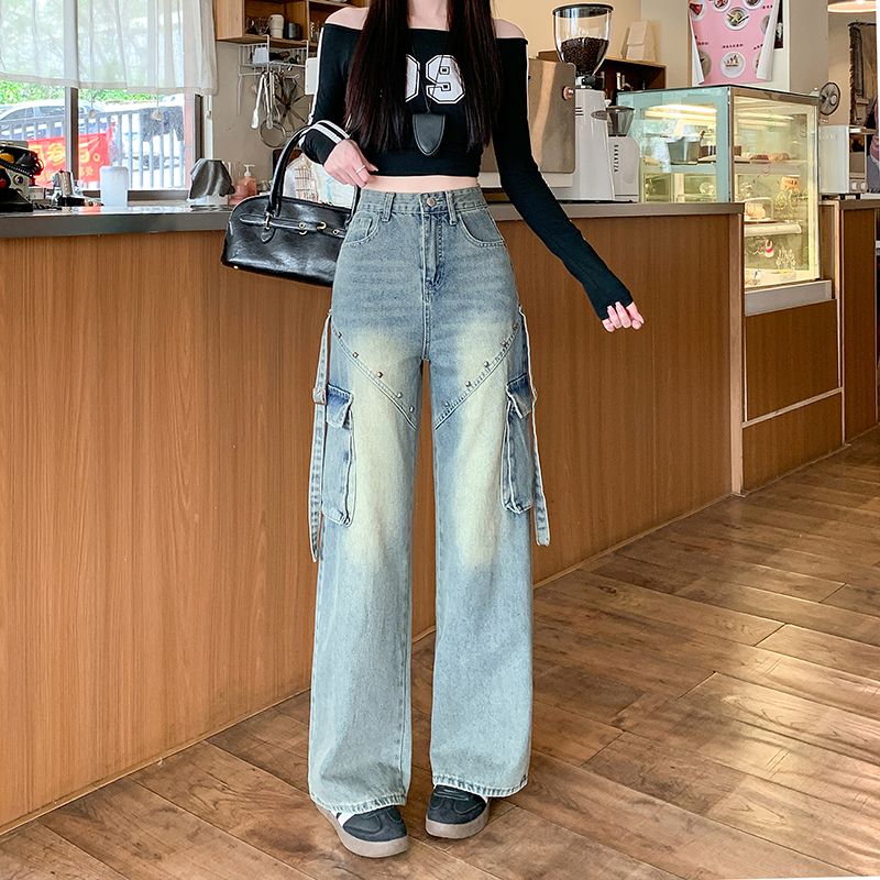 高街设计感铆钉工装牛仔裤女新款...