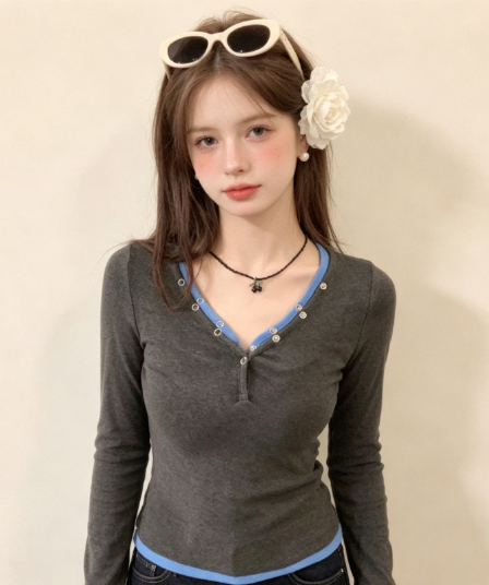 실사 페이크 레이어드 V넥 만나는 긴팔 티셔츠 여성 가을 홍콩 느낌 chic 몸매 가꾸기 다용도 맨위