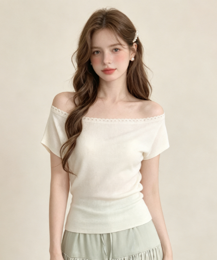 실사 라이 경기 서울 주간 실크 핫걸 비스듬한 어깨 반팔 여름 디자인 센스 작은 대중 몸매 가꾸기 슬림해 보이는 품격 티셔츠 여성