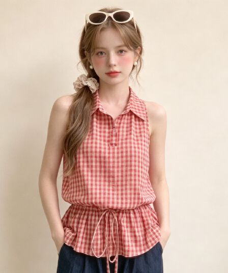 실사 레트로 빨간색 체크무늬 행침 목 민소매 조끼 스커트 여성 여름 새로운 펌프 로프 허리 수축 슬림해 보이는 품격 맨위