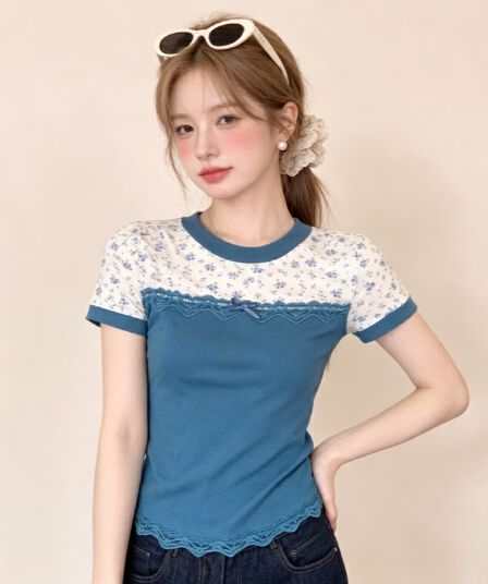 실사 한 부서 페이크 레이어드 레이스 조각 꽃무늬 반팔 티셔츠 여성 여름 몸매 가꾸기 슬림해 보이는 디자인 센스 맨위
