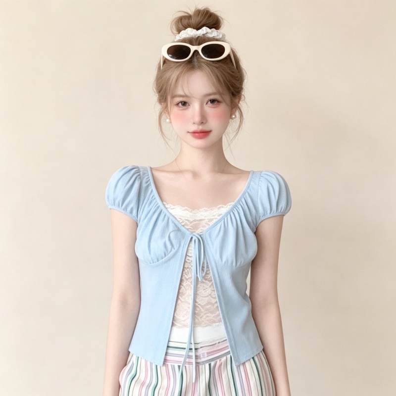 BY30376# 假两件蕾丝拼...