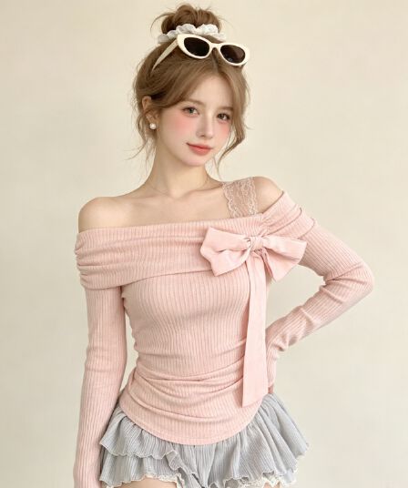 실사 정가 순수한 욕망 프랑스식 나비 넥타이 긴팔 티셔츠 가을 겨울 달콤함 몸매 가꾸기 인사이드 잡아라. 의류