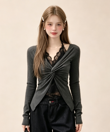 실사 패치워크 레이스 페이크 레이어드 행침 목 긴팔 티셔츠 여성 가을 순수한 욕망 바람 비틀림 몸매 가꾸기 회색 맨위