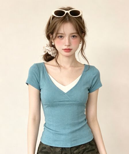 실사 한 부서 페이크 레이어드 V넥 반팔 여성 여름 도파민 파란색 티셔츠 슬림해 보이는 몸매 가꾸기 핫걸 맨위