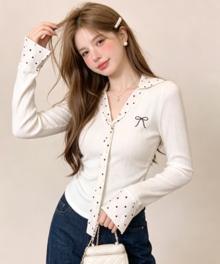 실사 화이트 도트 무늬 패치워크 POLO 칼라 인사이드 가져 가라. 기본 셔츠 여성 가을 몸매 가꾸기 쇼트 스타일 긴팔 티셔츠 맨위