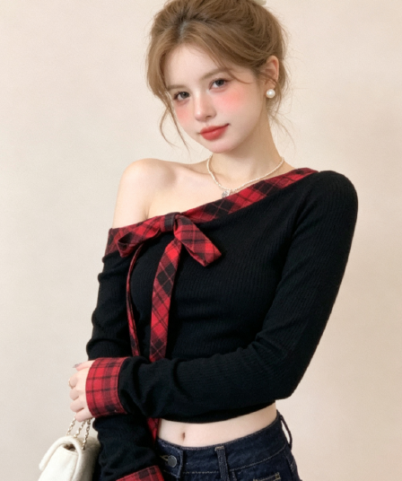 실사 핫걸 바람 나비 매듭 비스듬한 어깨 긴팔 티셔츠 여성 가을 작은 대중 몸매 가꾸기 슬림해 보이는 오프숄더 맨위