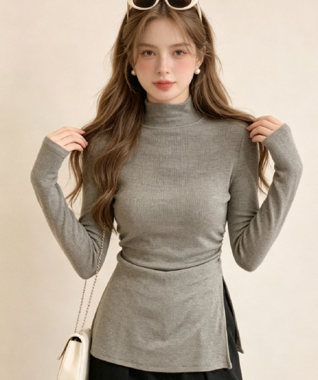 실사 가을 겨울 반하이넥 기본 셔츠 여성 인사이드 가져 가라. 빅 사이즈 지방 mm 표지 고기 슬림해 보이는 트임 티셔츠