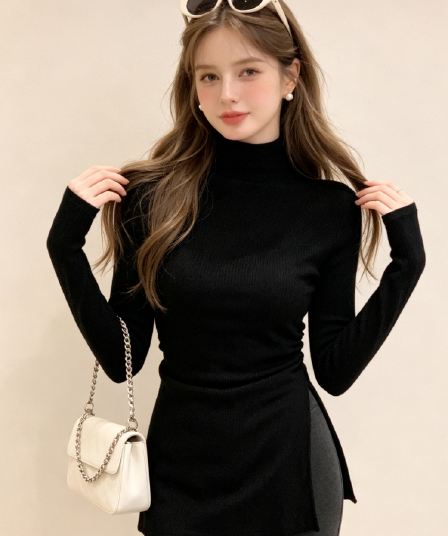 실사 반하이넥 긴팔 티셔츠 여성 가을 겨울 보온 몸매 가꾸기 슬림해 보이는 디자인 센스 트임 인사이드 잡아라. 의류