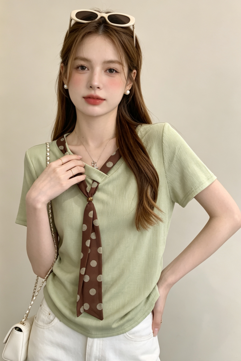 BY30367# 短袖t恤女装夏季新款正肩收腰丝巾领上衣 服裝批發女裝批發服飾貨源