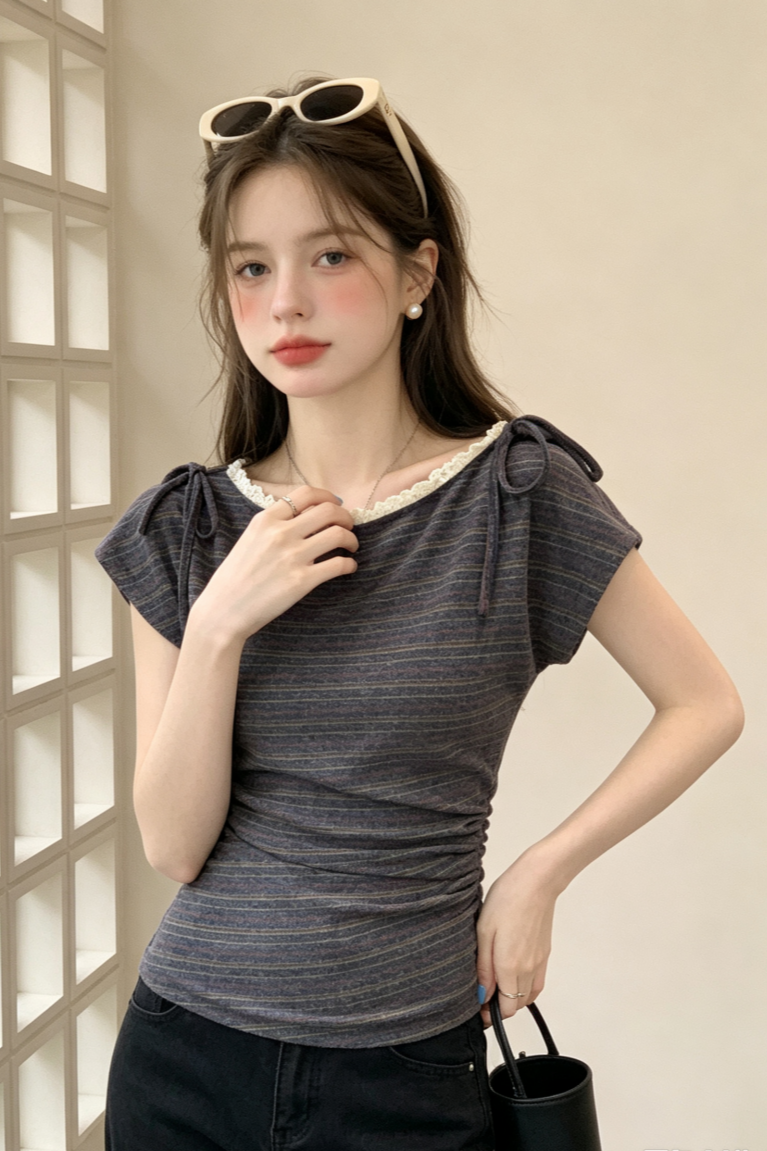 BY30364# 条纹短袖t恤女装夏新款设计感复古条纹圆领上衣 服裝批發女裝批發服飾貨源