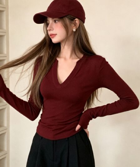 실사 와인 레드 긴팔 티셔츠 핫걸 V넥 가을 겨울철 만나는 인사이드 가져 가라. 작은 대중 몸매 가꾸기 맨위