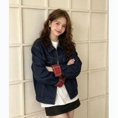 批发实拍美式复古格子拼接牛仔<b class='q'>外套</b>女春秋季宽松<b class='q'>百搭</b>休闲工装夹克上衣