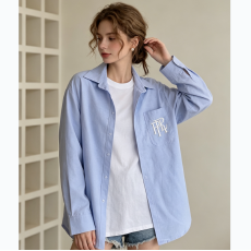 批发实拍刺绣蓝色<b class='q'>衬衫女</b>长袖设计感小众上衣女防晒外套chic<b class='q'>韩版</b>宽松